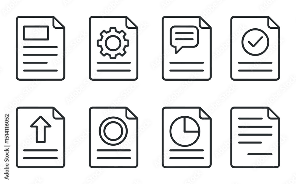 Poster project documentation line icons set – outline, paperwork and report symbols