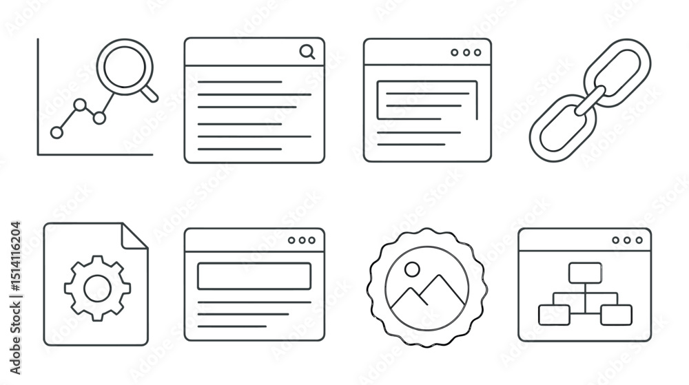 Poster business and marketing outline icons set – linear, analytics and networking symbols