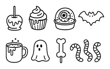 Spooky halloween treats icon set – silhouette candy, dessert and ghostly designs