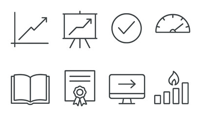 Learning progress line icons set – streamline, education and achievement symbols
