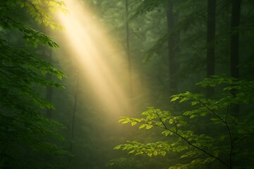 Mystical forest landscape with a golden sunbeam shining through the misty trees, illuminating lush green foliage in a peaceful, tranquil atmosphere of untouched natural beauty


