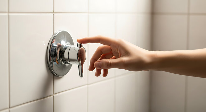 A hand reaches for the temperature control knob in a stylish bathroom. The chrome fixture contrasts with white tiles, showcasing a clean and contemporary design perfect for relaxation.