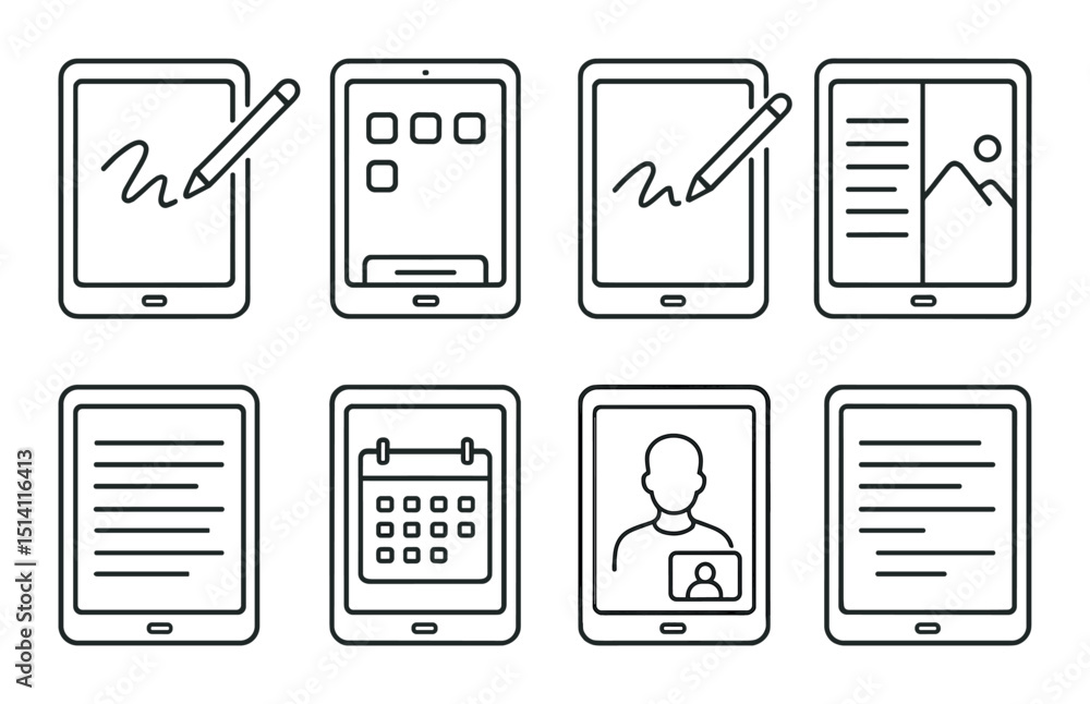 Poster tablet interface outline icons set – digital, device and touchscreen ui graphics