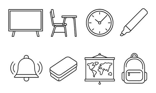 Classroom essentials silhouette icons set – outline, educational tools and school symbols