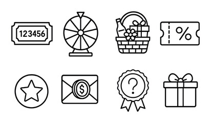 Raffle prize outline icons set – awards, gift ideas and celebration symbols