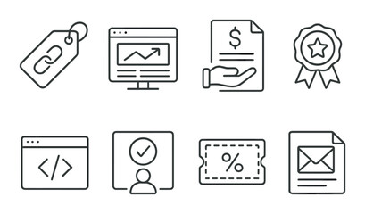 Affiliate marketing outline icons set – linear, digital and ecommerce symbols
