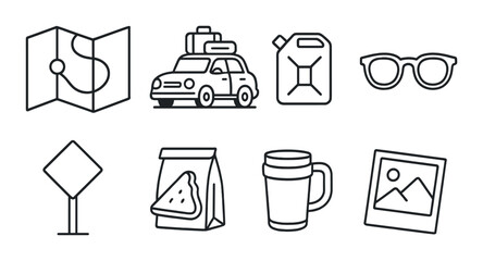Road trip essentials linear icons set – outline, travel and journey symbols