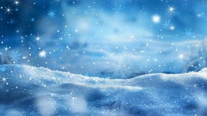 A snowy landscape with a soft, blue sky, bright stars, and falling snow. The scene evokes a winter wonderland and a sense of peaceful solitude, captured with a bright and airy aesthetic. - Powered by Adobe