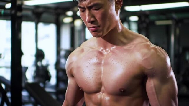 Bodybuilder intense effort, strong man sweating after gym workout showing muscular build determination and physical discipline in high intensity fitness routine background