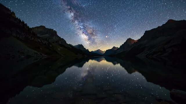 Milky Way Over Lake and Mountain: A breathtaking panorama of the night sky mirrored in a tranquil lake, with majestic mountains framing the scene. A mesmerizing cosmic spectacle of the galaxy.