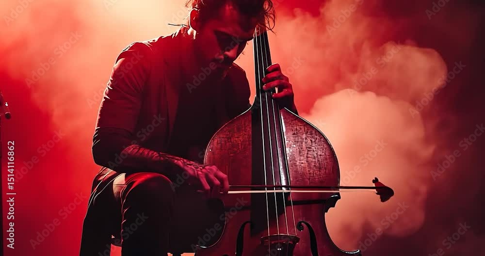 Poster man playing upright bass with red background and lights. musical performance and instruments concept