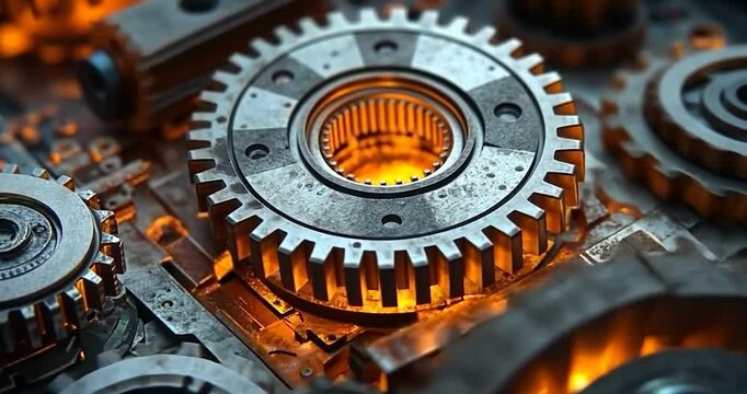Close up shot of gears and cogs, showing a complex mechanism and a glowing light in the center. Close up on metal gears and cogs for a complex mechanism, showing details in lighting, color and