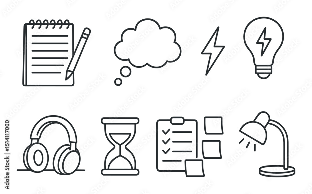Poster creative workflow silhouette icons set – simple, task management and productivity tools