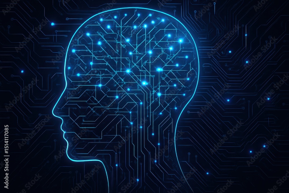 Poster abstract representation of artificial intelligence featuring a stylized digital human head profile w