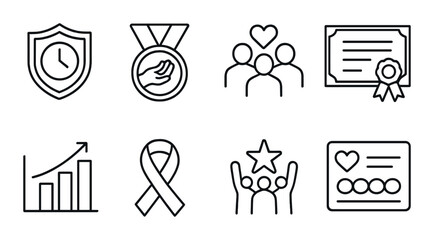 Volunteer achievement line icons set – outline, awards and recognition symbols