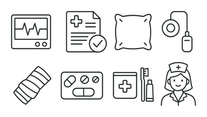 Patient care essentials line icons set – healthcare, medical and treatment symbols