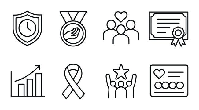 Volunteer achievement line icons set – outline, awards and recognition symbols