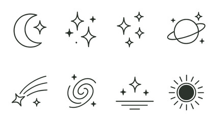Celestial silhouette icons set – outline, cosmic and astronomy symbols collection