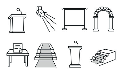 Ceremony stage outline icons set – simple, event and celebration symbols collection