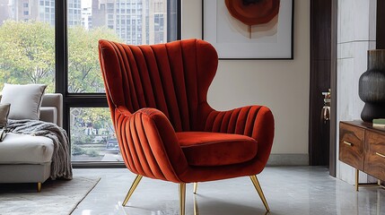 A Bold Red Velvet Armchair With a High Back and Gold Legs As a Striking Accent Piece In a Neutral Living Room