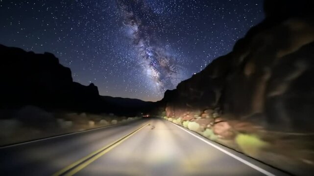 Night Journey: Under the mesmerizing night sky, a winding road beckons travelers towards the unknown, flanked by majestic rock formations that stand as silent guardians of the starlit path.