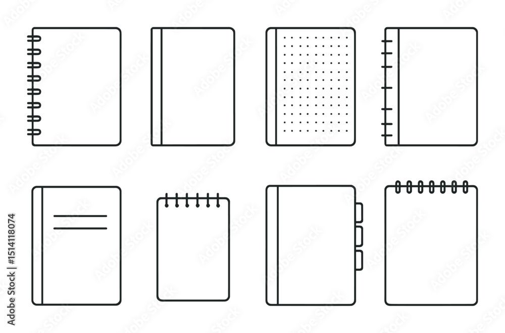 Poster notebook linear icons set – outline, journal and notepad design symbols