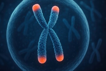 Detailed 3D visualization of a human chromosome X structure, revealing the intricate coiling of DNA, telomeres, and the nucleus, illustrating concepts in genetics and gene therapy.