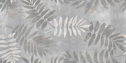 Gray Botanical Leaf Pattern Background – Cement Wall Texture with Elegant Tropical Foliage Design
