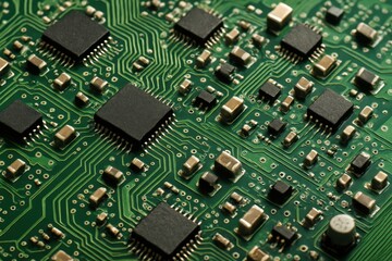 Obraz premium Detailed macro shot of a complex green printed circuit board (PCB) with intricate copper traces microchips and electronic components creating a high-tech abstract background