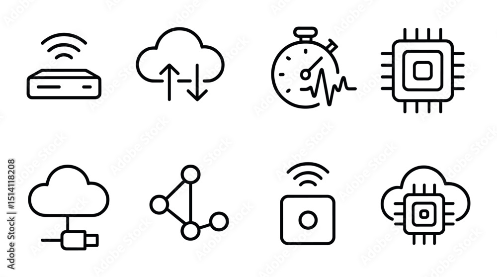 Poster edge computing line icons set – outline, network and technology symbols