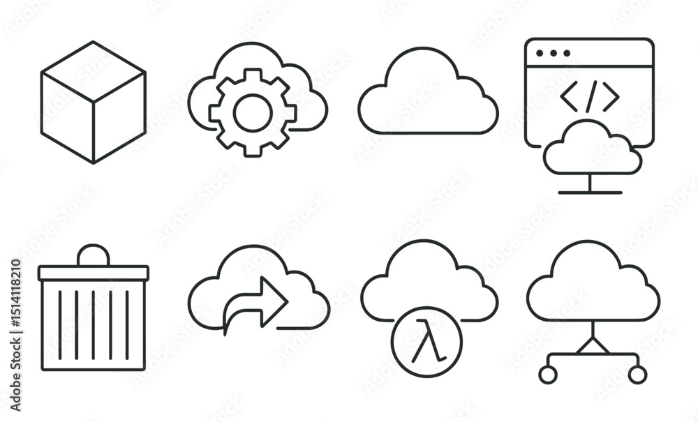Poster cloud services outline icons set – computing, technology and infrastructure symbols