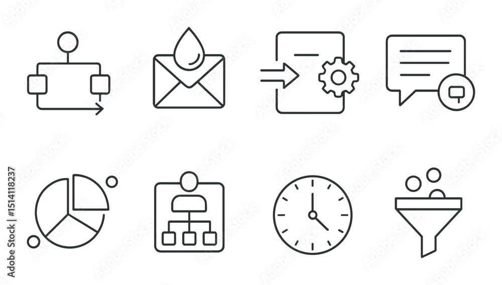 Poster marketing automation outline icons set – simple workflow, email, and analytics symbols