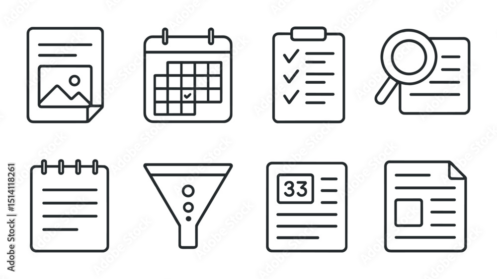 Poster content strategy outline icons set – simple planning, creative workflow symbols