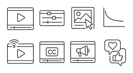 Video marketing outline icons set – streaming, multimedia and online promotion symbols