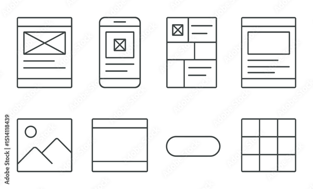 Aufkleber wireframe icons set – outline, layout and design elements for digital projects