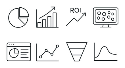 Analytics and data outline icons set – linear, statistics and graph design symbols