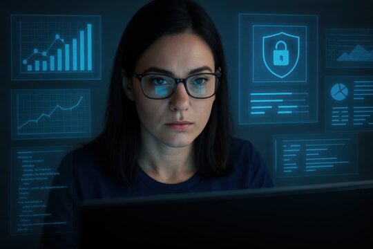 Focused female programmer or cyber security analyst in glasses, intently reading complex HTML scripts and analyzing data holograms in a high-tech environment.