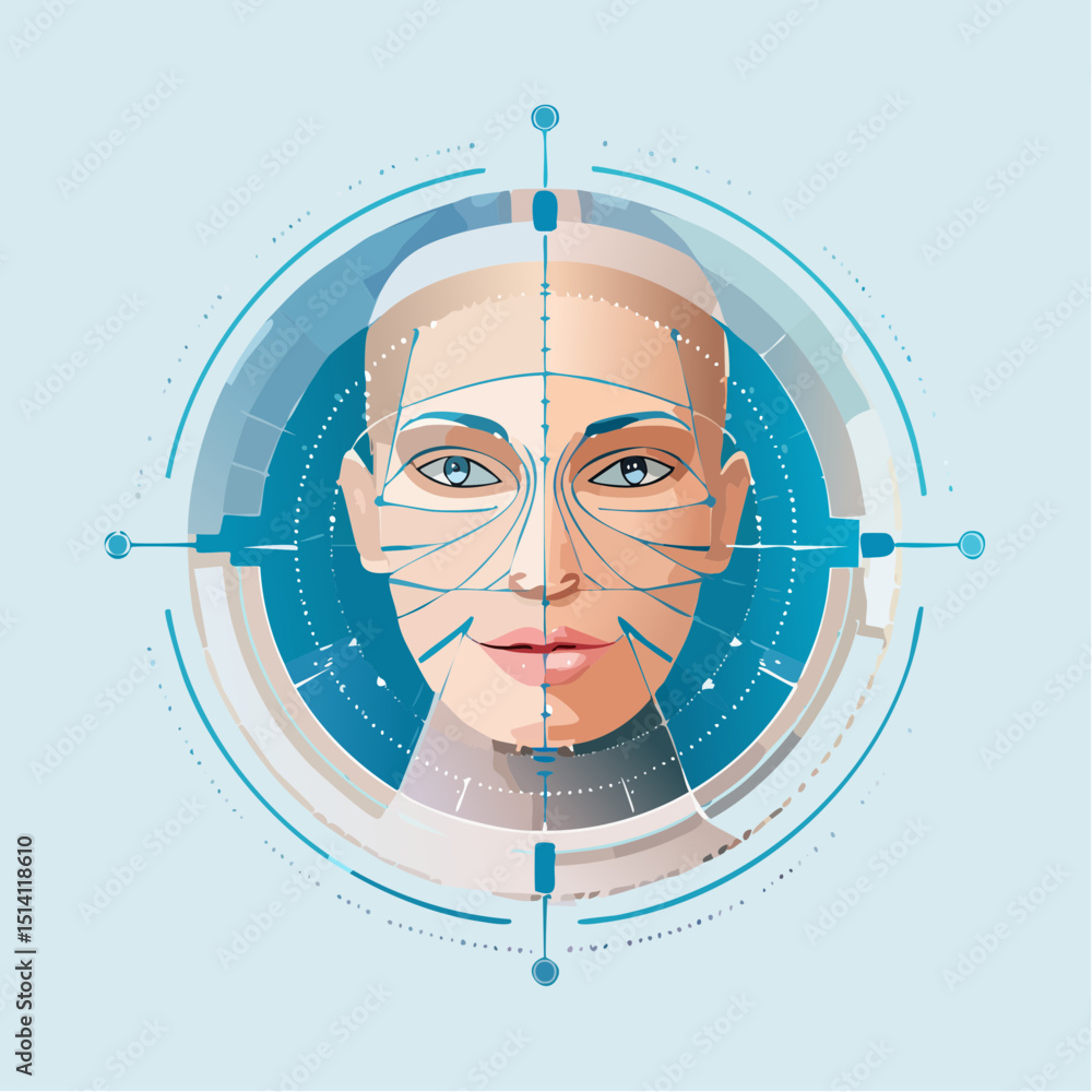 Aufkleber facial recognition ui with biometric tracking points and scan grids.