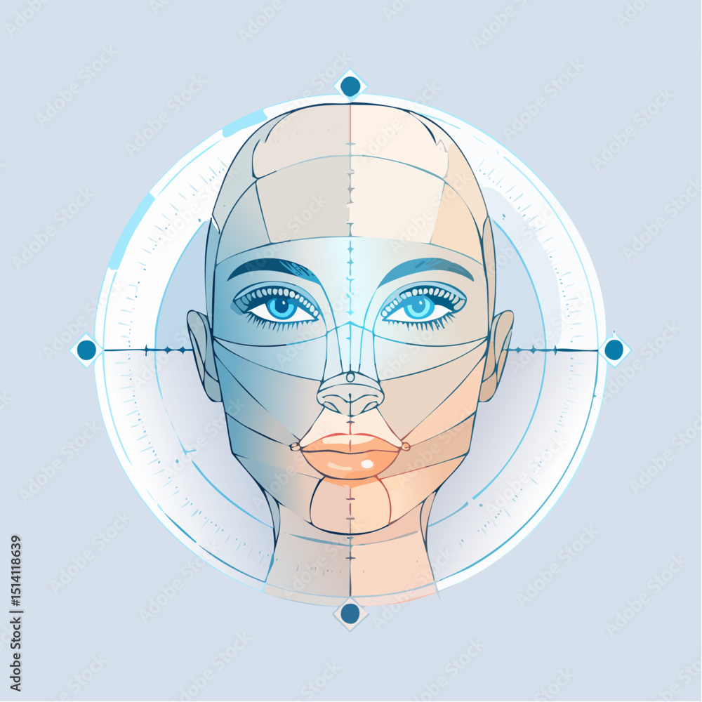Aufkleber facial recognition ui with biometric tracking points and scan grids.