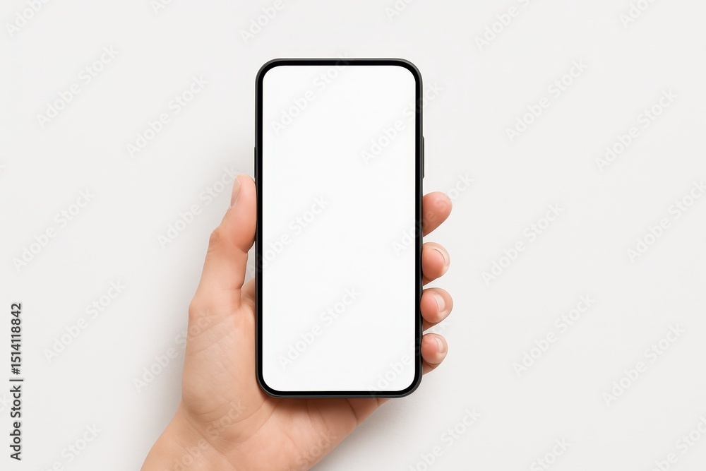 Poster modern minimalist flat lay of a hand holding a smartphone with a blank white screen positioned centr