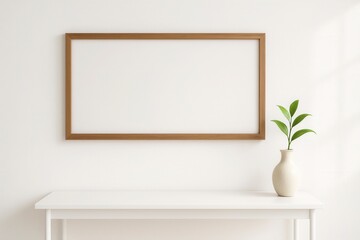 Minimalist interior scene featuring an empty horizontal wooden frame mockup elegantly placed on a clean white wall above a simple console table with a stylish ceramic vase holding a single green plant