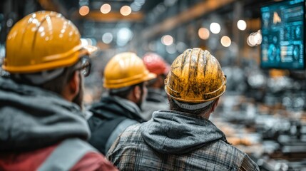 Workers in Hard Hats Observing Industrial Machinery in a Factory Setting