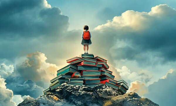 Child standing on books, clouds, inspiration.