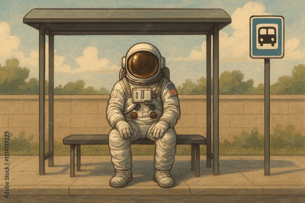 Poster surreal and humorous image of an astronaut in a full spacesuit, casually sitting on a mundane bus st