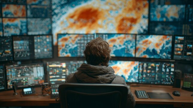 Analyst Monitoring Complex Data in a HighTech Control Room with Multiple Screens Displaying Ma - Powered by Adobe