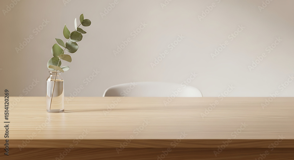 Poster a wooden table displays a small vase containing a single eucalyptus sprig. a simple white chair sits