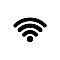 Minimalist vector icon of a Wi-Fi signal with concentric arcs and a dot, black silhouette. 