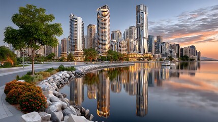 Obraz premium Futuristic city architecture with high-rise reflections in calm river view high resolution photo