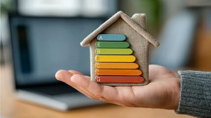 Energy Efficiency in Home Design A Hand Holding a Miniature House with ColorCoded Energy Rati