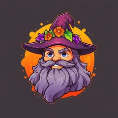 Floral Wizard's Portrait: A whimsical illustration of a magical being with a flower-adorned hat, purple beard, and intense gaze.